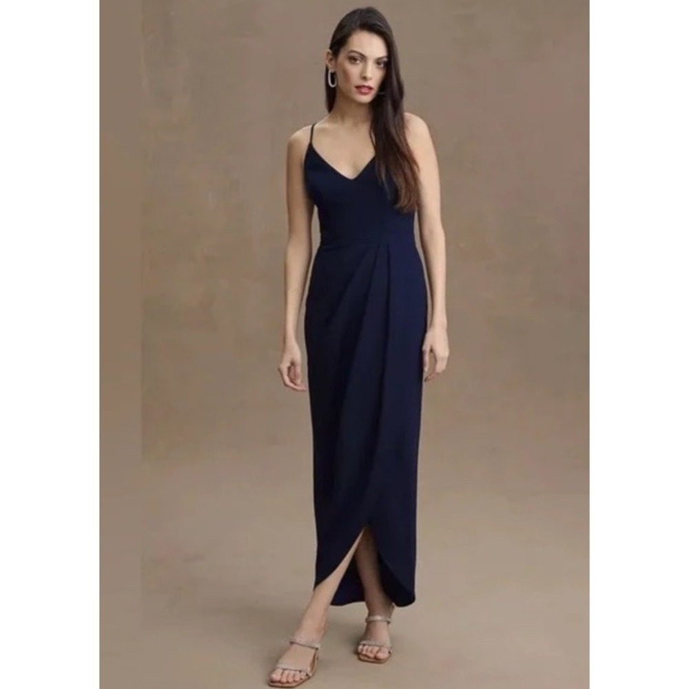 BHLDN Navy Blue Lyra V-Neck Faux-Wrap Stretch Crepe Midi Dress Bridesmaid Sz 2